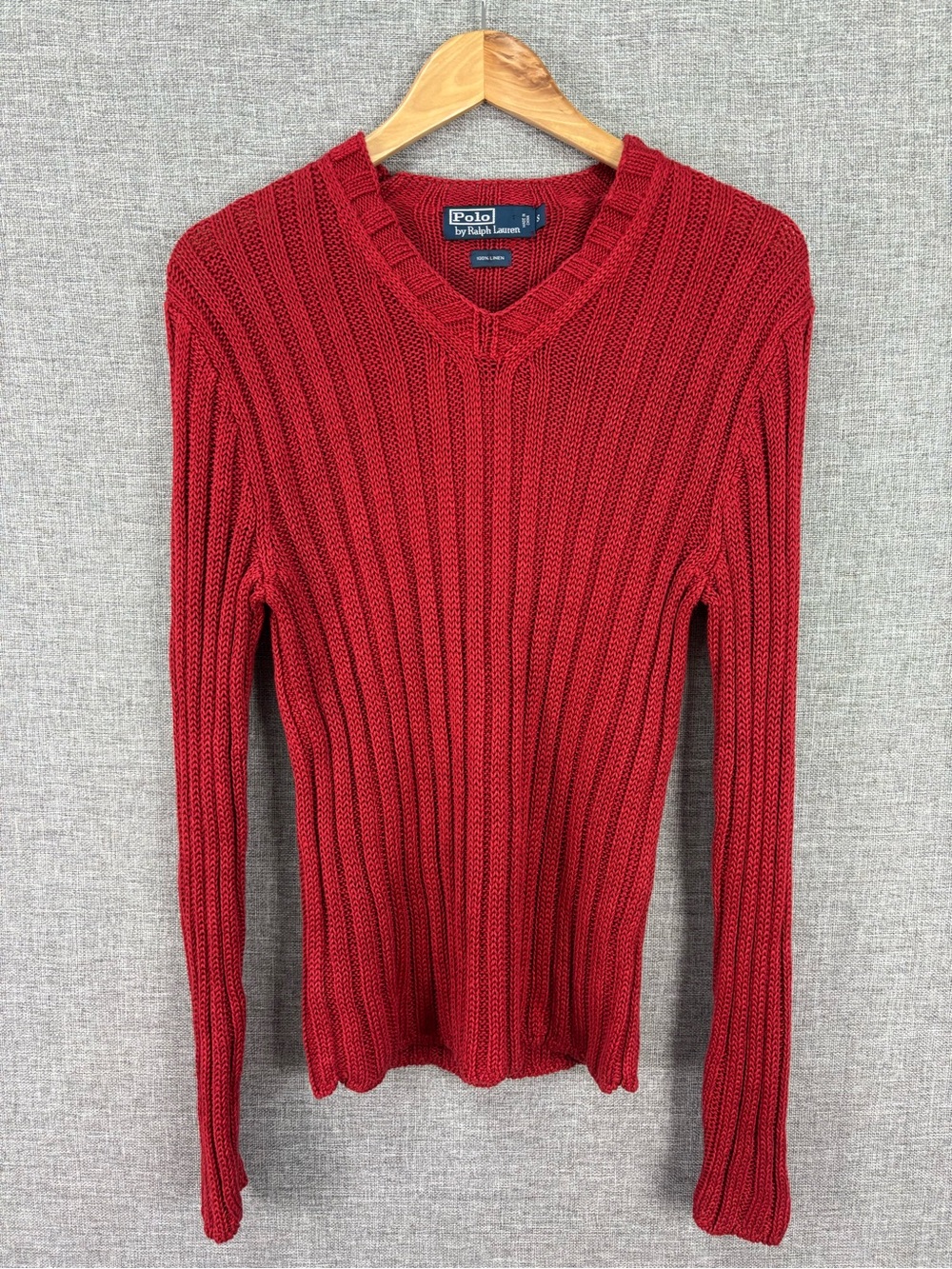 Ralph Lauren Polo Red Ribbed V-Neck Sweater 100% Linen Women’s Small